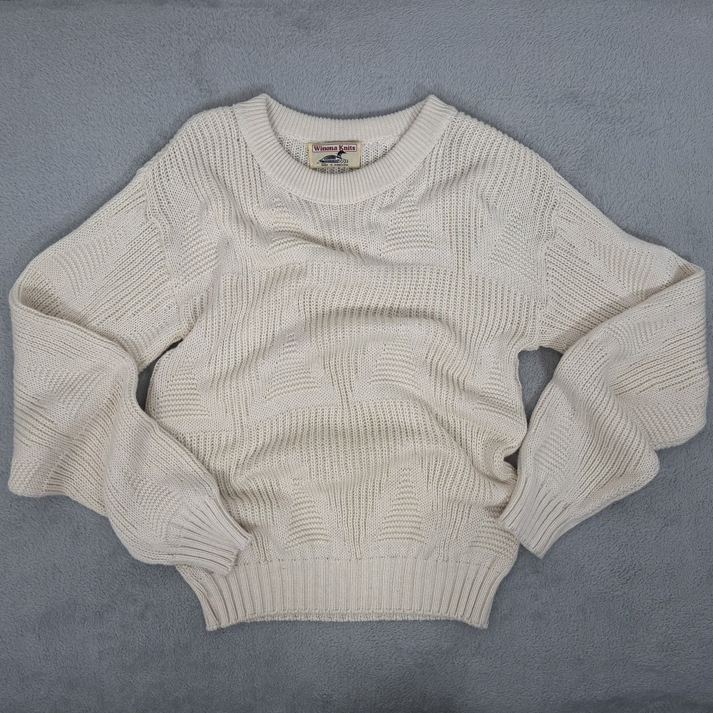 VTG Winona Knits Sweater Mens L/XL Cream Chunky Knit Pullover 90s Retro USA